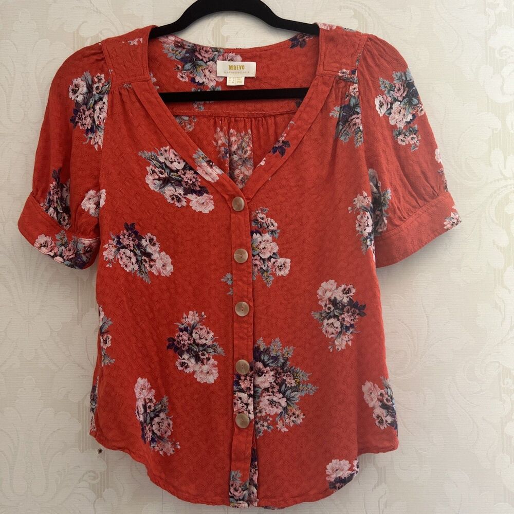 Maeve Anthropology Top Women’s Size US 2 Floral Orange Button Front Blouse